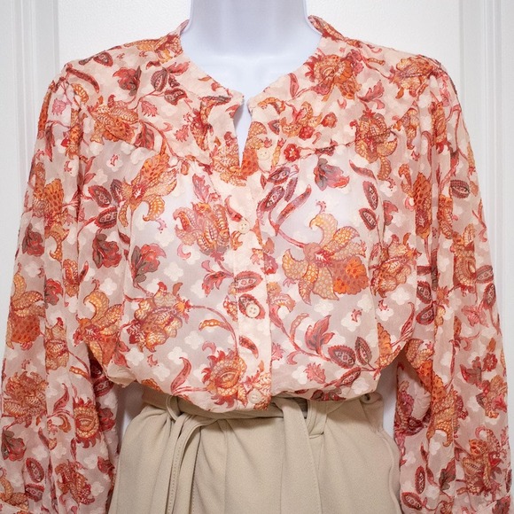 (W Medium) Ophelia Roe Paisley Button Pattern Blouse Orange Red Vintage Look - Picture 4 of 8